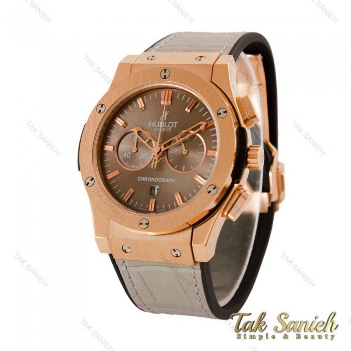 ساعت هابلوت مردانه سه موتوره رزگلد بند چرم طوسی Hublot-4154-G