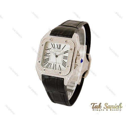 ساعت کارتیر سانتوس زنانه نگین دار بندچرم مشکی Cartier-4081-L