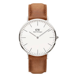 ساعت دنیل ولینگتون مردانه سیلور سفید بند چرم عسلی DW-4099-G