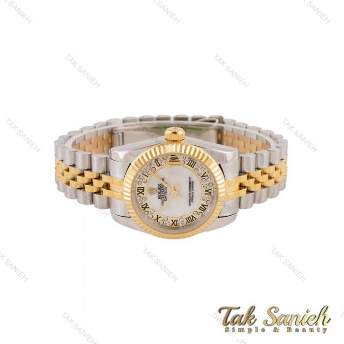 ساعت رولکس زنانه دورنگ طلایی صفحه نگین اعداد رومی Rolex-4867-L