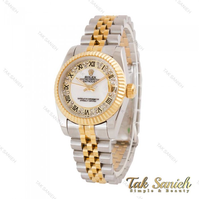 ساعت رولکس زنانه دورنگ طلایی صفحه نگین اعداد رومی Rolex-4867-L