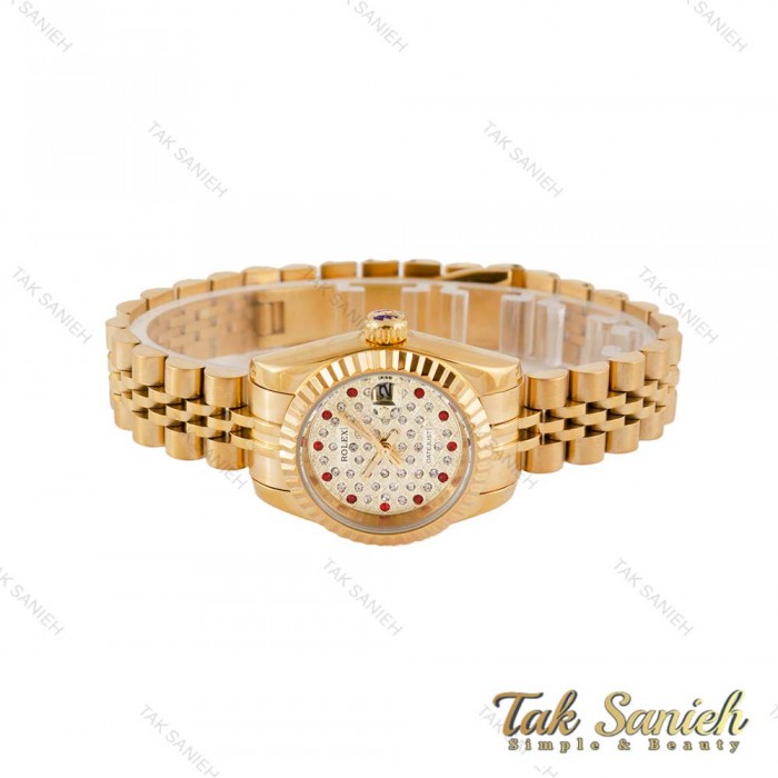 ساعت رولکس طلایی زنانه مدل دیت جاست صفحه نگین ایندکس قرمز Rolex-4873-L