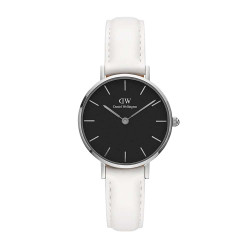 ساعت بند چرم سفید دنیل ولینگتون نقره ای صفحه مشکی اسمال DW-4913-28-L