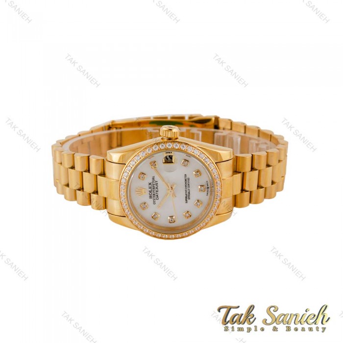 ساعت رولکس زنانه بند پرزیدنت طلایی صفحه سفید دورنگین Rolex-4957-L
