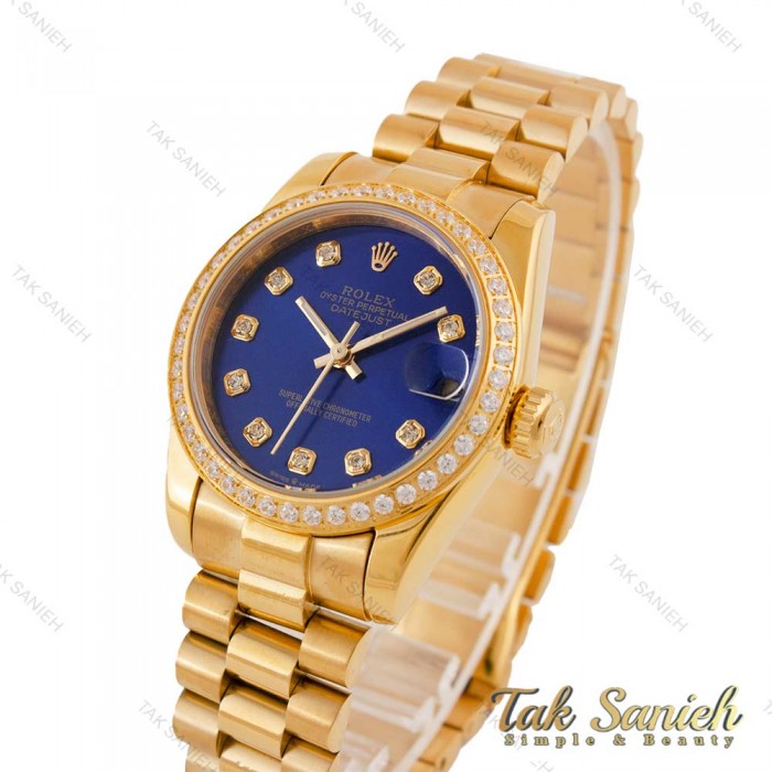 ساعت رولکس زنانه بند پرزیدنت طلایی صفحه سرمه ای دورنگین Rolex-4958-L
