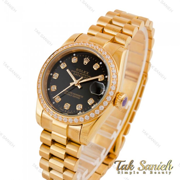 ساعت رولکس زنانه بند پرزیدنت طلایی صفحه مشکی دورنگین Rolex-4960-L