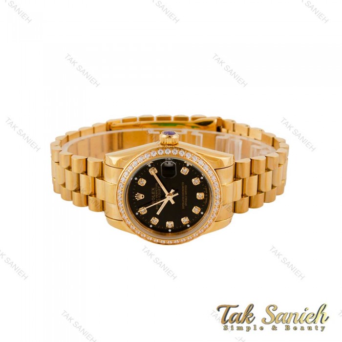 ساعت رولکس زنانه بند پرزیدنت طلایی صفحه مشکی دورنگین Rolex-4960-L