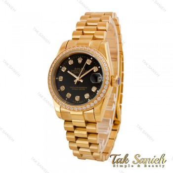 ساعت رولکس زنانه بند پرزیدنت طلایی صفحه مشکی دورنگین Rolex-4960-L