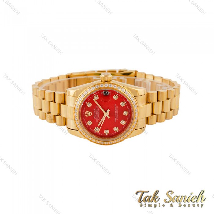 ساعت رولکس زنانه بند پرزیدنت طلایی صفحه قرمز دورنگین Rolex-4962-L