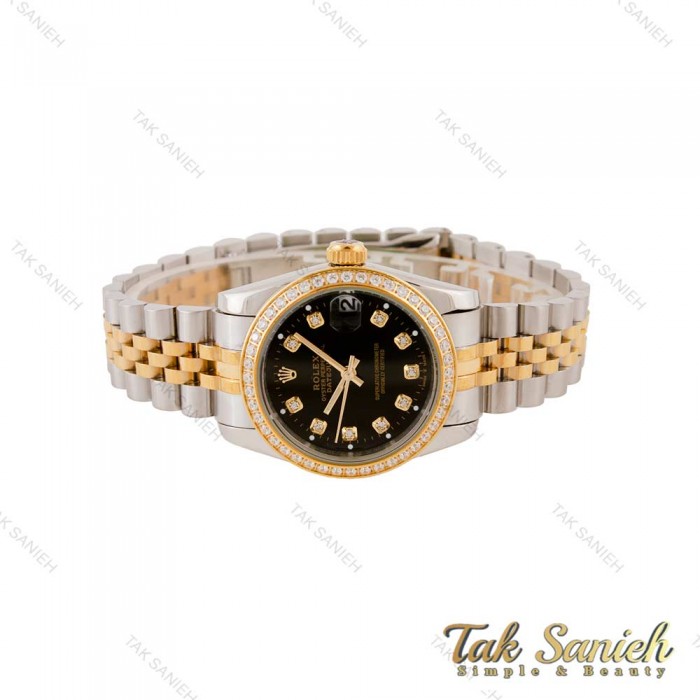 ساعت رولکس زنانه دورنگ طلایی صفحه مشکی دورنگین متوسط Rolex-4963-L