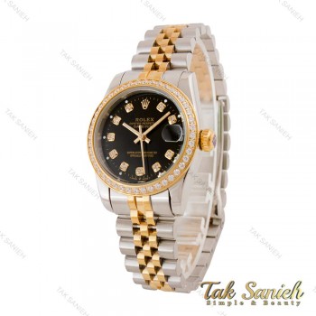 ساعت رولکس زنانه دورنگ طلایی صفحه مشکی دورنگین Rolex-4963-L