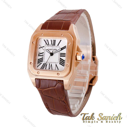 ساعت کارتیر سانتوس زنانه رزگلد بند چرم قهوه ای Cartier-4965-L