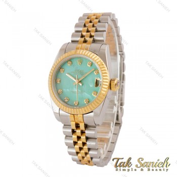 ساعت رولکس زنانه دورنگ طلایی صفحه سبز آبی صدفی Rolex-5037-M-L