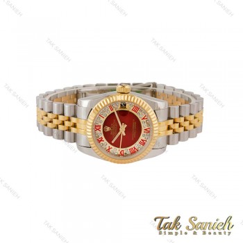 ساعت رولکس زنانه دورنگ طلایی صفحه قرمز ایندکس رومی مدیوم Rolex-5107-M-L