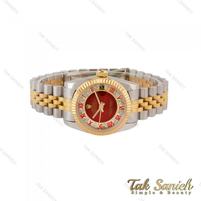 ساعت رولکس زنانه دورنگ طلایی صفحه قرمز ایندکس رومی مدیوم Rolex-5107-M-L