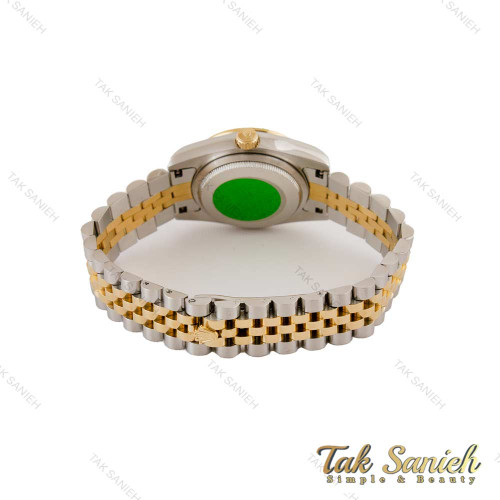 ساعت رولکس زنانه دورنگ طلایی دورنگین صفحه سبز ایندکس رومی Rolex-5119-M-L