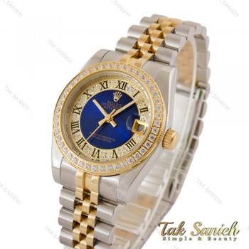 ساعت رولکس زنانه دورنگ طلایی دورنگین ایندکس یونانی صفحه آبی Rolex-5121-M-L