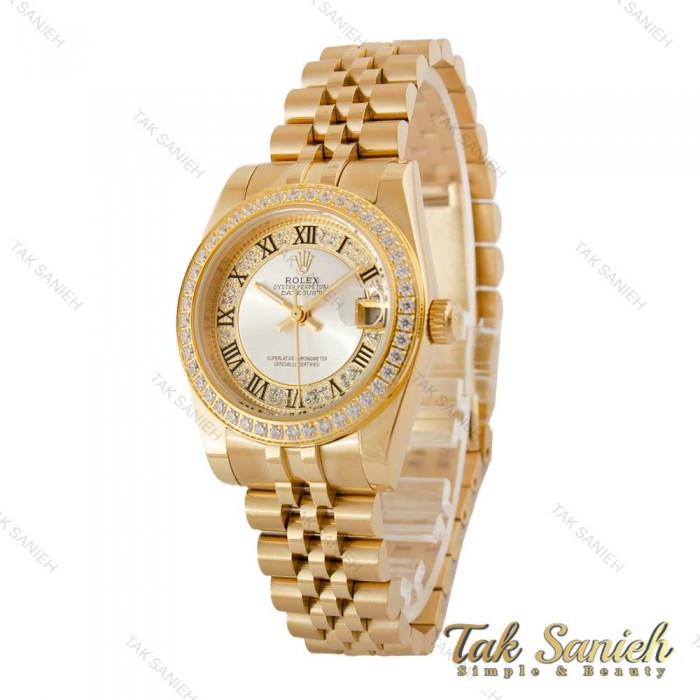 ساعت رولکس زنانه طلایی دورنگین صفحه سیلور ایندکس یونانی Rolex-5122-M-L