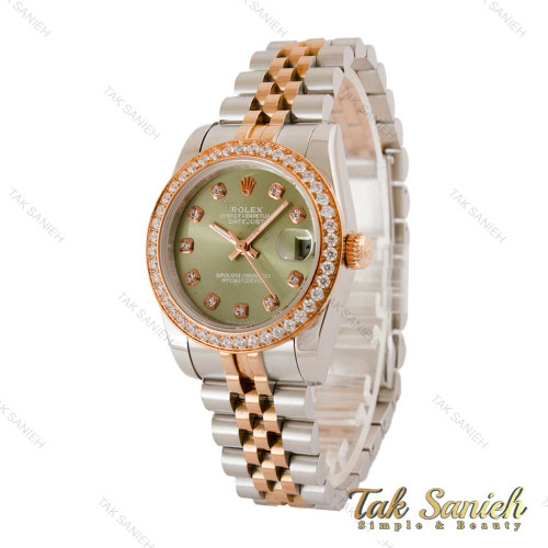 ساعت رولکس زنانه دورنگ رزگلد دورنگین صفحه سبز Rolex-5221-L