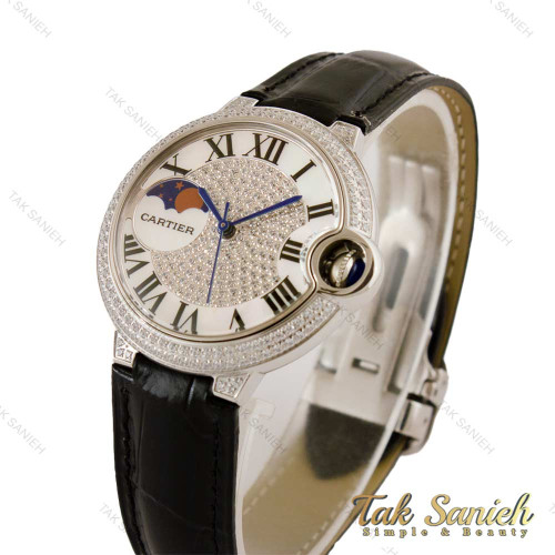 ساعت کارتیه بالن بلو زنانه فول نگین سیلور بند چرم Cartier-5264-L