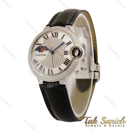 ساعت کارتیه بالن بلو زنانه فول نگین سیلور بند چرم Cartier-5264-L