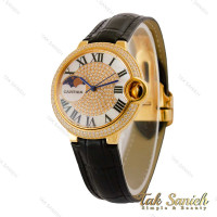 ساعت کارتیه بالن بلو زنانه فول نگین طلایی بند چرم مشکی Cartier-5266-L