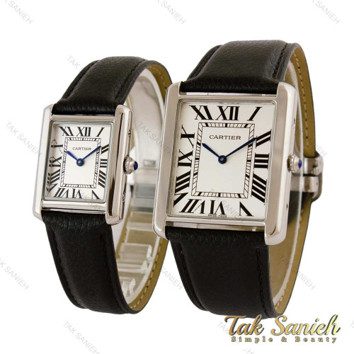 ساعت کارتیه تانک ست سیلور بند چرم مشکی Cartier-5272-S