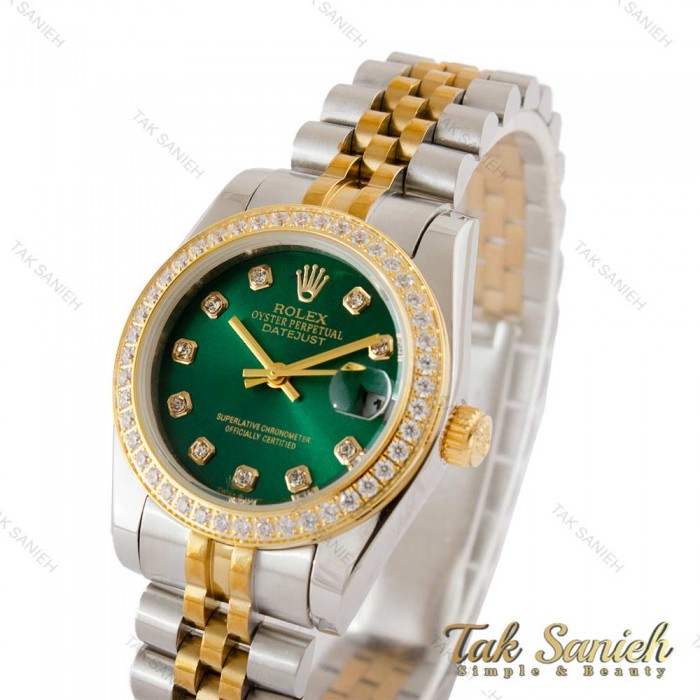 ساعت رولکس زنانه دورنگ طلایی دورنگین صفحه سبز Rolex-5303-L