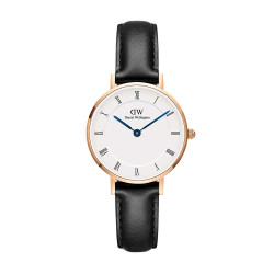 ساعت DW زنانه بند چرم رزگلد مشکی صفحه سفید ایندکس یونانی DW-5507-L