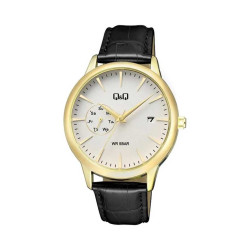 ساعت مچی مردانه کیو اند کیو چرمی طلایی صفحه سفید QQ-5535-G