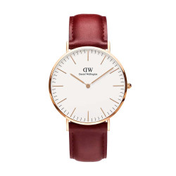 ساعت دنیل ولینگتون مردانه رزگلد بند چرم زرشکی DW-4692-G