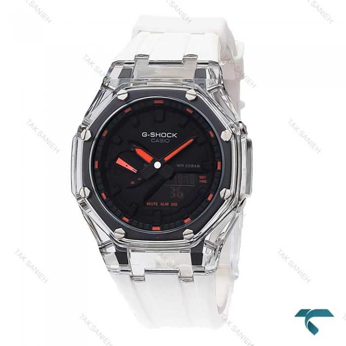 جی شاک GA2100 مردانه شیشه ای سفید عقربه نارنجی G-Shock-5850-G