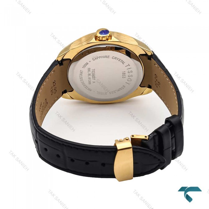 ساعت تیسوت مردانه دو تقویم طلایی بند چرم مشکی Tissot-5944-G