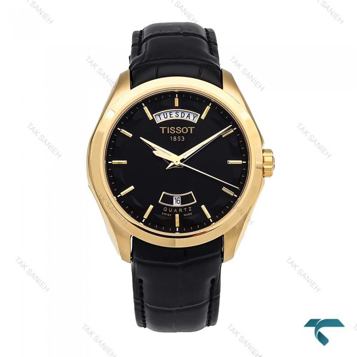 ساعت تیسوت مردانه دو تقویم طلایی بند چرم مشکی Tissot-5944-G