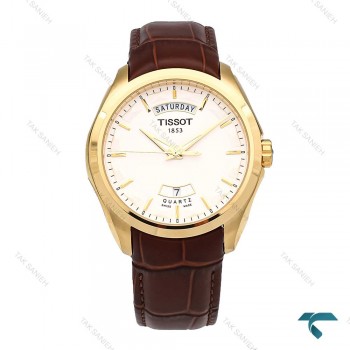 تیسوت مردانه دوتقویم طلایی بند چرم قهوه ای Tissot-5945-G