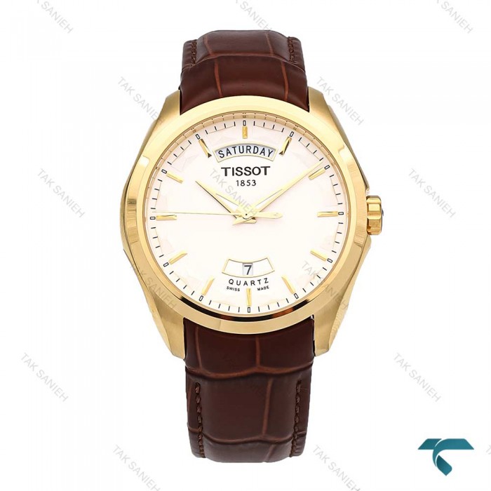 تیسوت مردانه دوتقویم طلایی بند چرم قهوه ای Tissot-5945-G