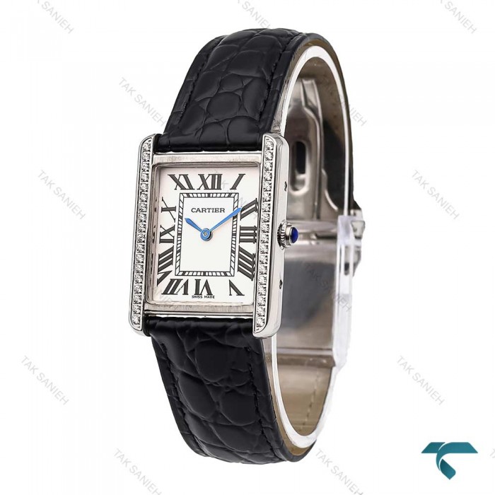 ساعت کارتیر تانک زنانه بند چرم مشکی دورنگین Cartier-5959-L