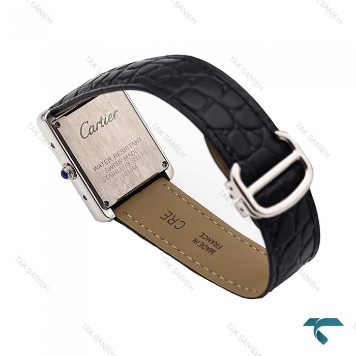 ساعت کارتیر تانک زنانه بند چرم مشکی دورنگین Cartier-5959-L