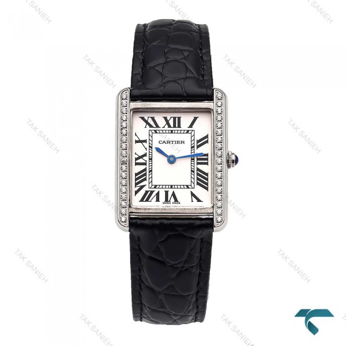 ساعت کارتیر تانک زنانه بند چرم مشکی دورنگین Cartier-5959-L