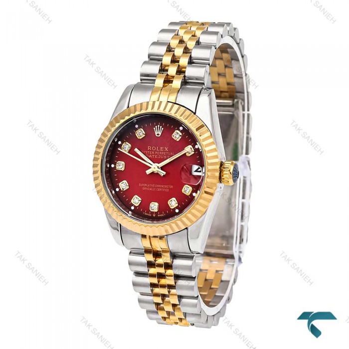 رولکس زنانه دورنگ طلایی صفحه قرمز مدیوم Rolex-5978-M-L