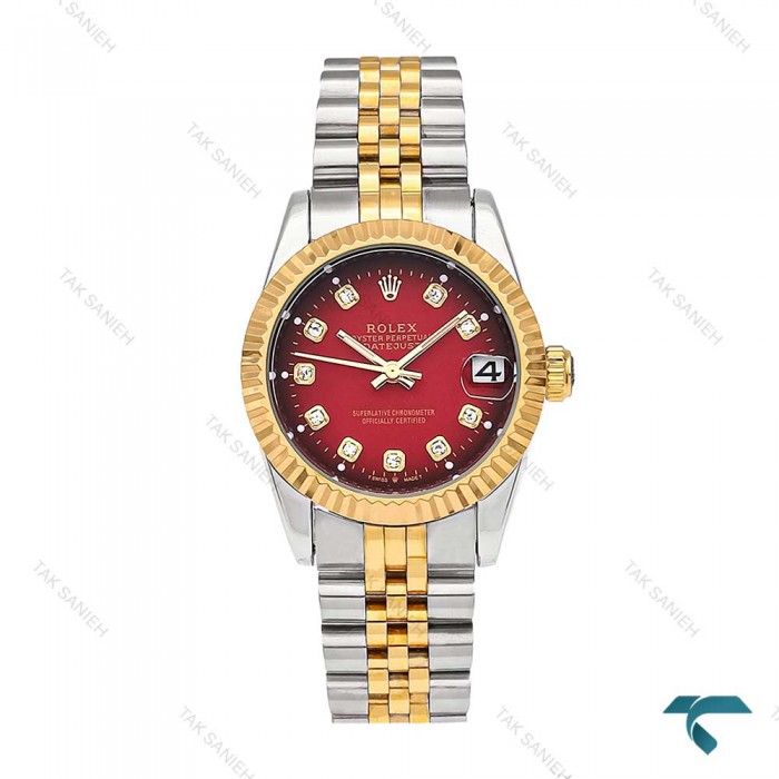 رولکس زنانه دورنگ طلایی صفحه قرمز مدیوم Rolex-5978-M-L