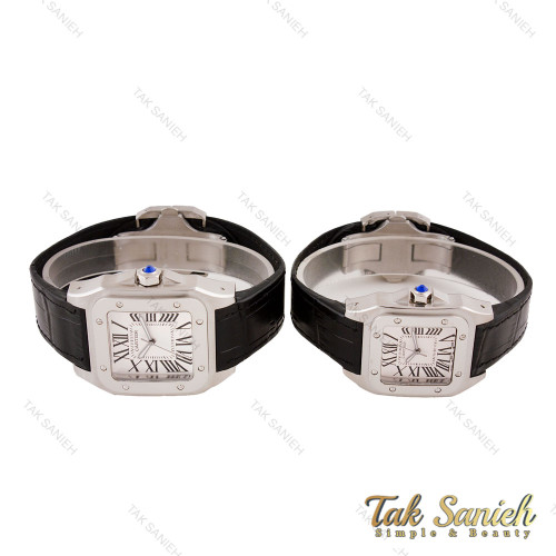 ساعت ست کارتیر سانتوس 100 سیلور مشکی صفحه سفید Cartier-5592-S