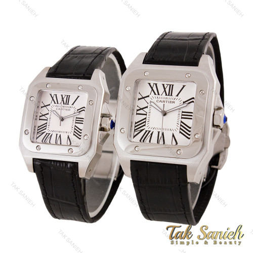 ساعت ست کارتیر سانتوس 100 سیلور مشکی صفحه سفید Cartier-5592-S