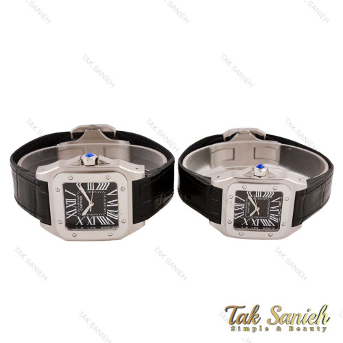ساعت ست کارتیر سانتوس 100 بند چرم مشکی Cartier-5596-S