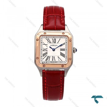 ساعت کارتیه دومونت زنانه دورنگ رزگلد بند قرمز اسمال Cartier-6095-L