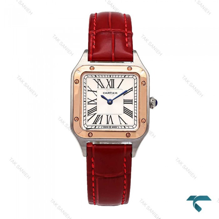 ساعت کارتیه دومونت زنانه دورنگ رزگلد بند قرمز اسمال Cartier-6095-L