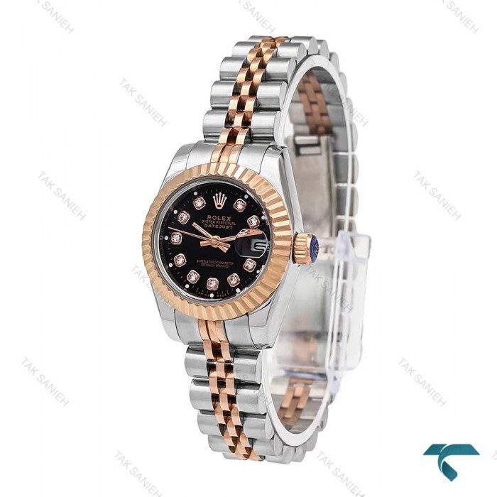 ساعت رولکس زنانه دورنگ رزگلد صفحه مشکی نگین اسمال Rolex-6111-L