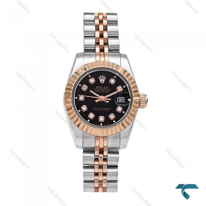 ساعت رولکس زنانه دورنگ رزگلد صفحه مشکی نگین اسمال Rolex-6111-L