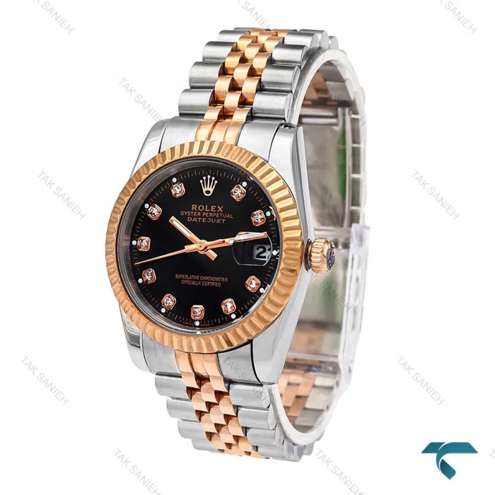 ساعت رولکس مردانه دورنگ رزگلد صفحه مشکی ایندکس نگین Rolex-6112-G