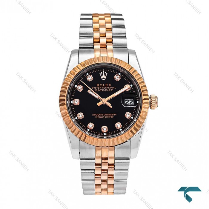 ساعت رولکس مردانه دورنگ رزگلد صفحه مشکی ایندکس نگین Rolex-6112-G